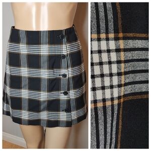 Aritzia Sunday Best Wool Blend Black Mustard Brown Plaid Button Mini Skirt Sz 2